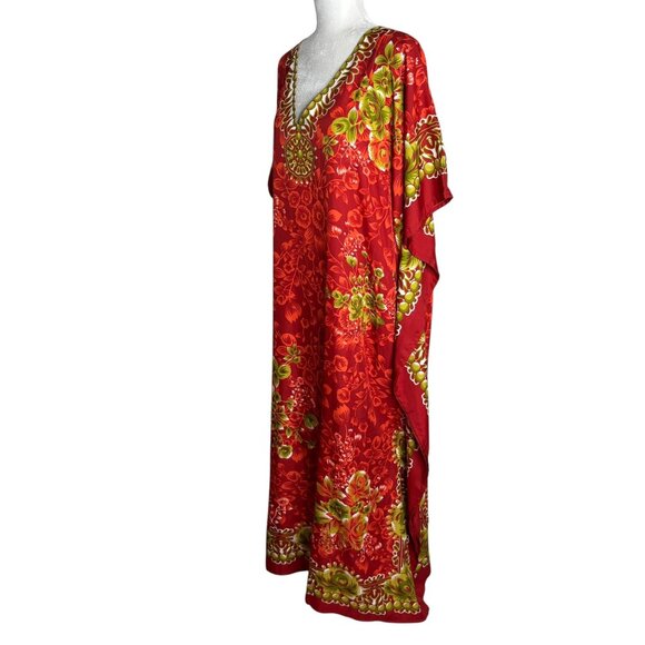 Miss Lavish London Floral Kaftan Maxi Dress One Size Red Pockets V Neck Resort - Picture 3 of 7